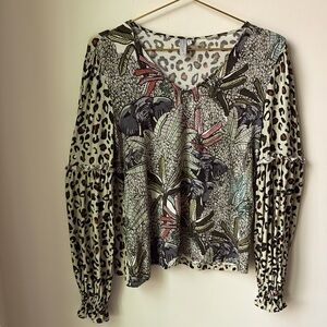 Anthropologie Blank London Sibley Elephant Leopard Top V Neck Boho Animal Size M